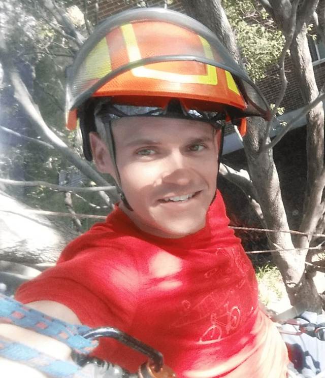 Conrad Brooks, Cert IV arborist, up a tree on the Northern Beaches